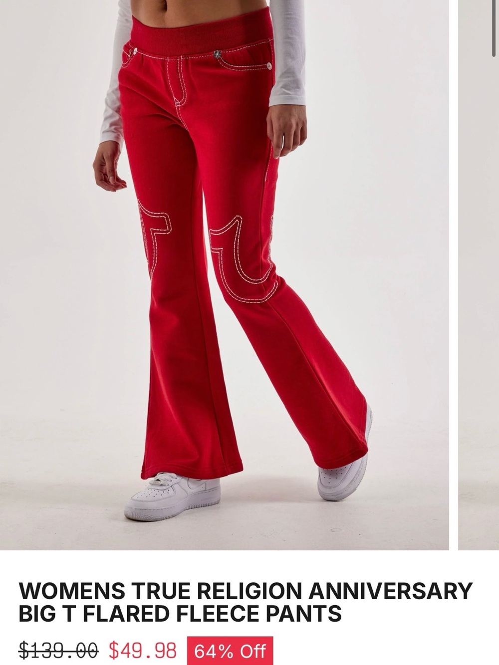 True Religion Women's Flared Fleece Pants - Red with White Stitching